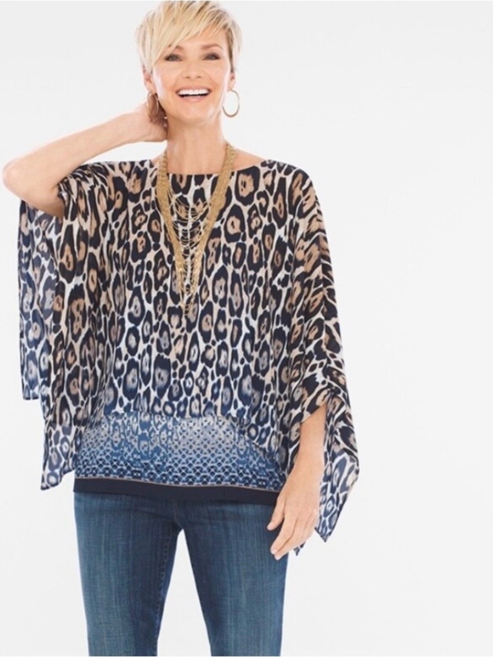 Chico's Leopard-Print Poncho Top in Black & Tan